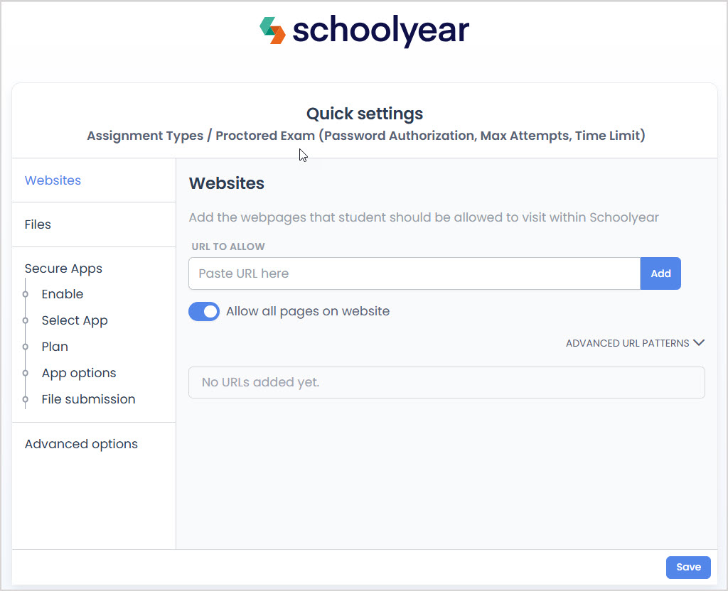 Screenshot of the Schoolyear Quick Settings page for an assignment.